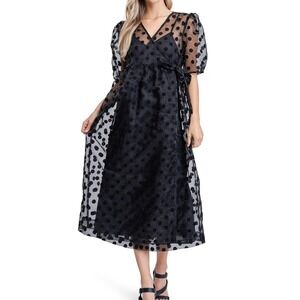 En Saison Black Polka Dot Organza Wrap Midi Dress Puff Sleeve Sheer Overlay Sz M